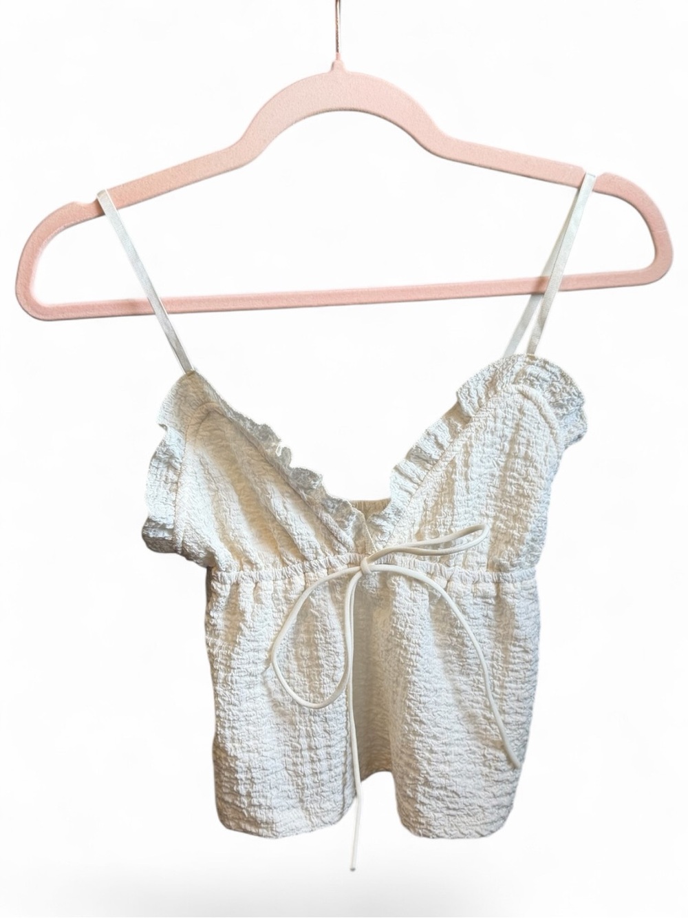 White Textured Ruffle Tie-Front Tank Top
